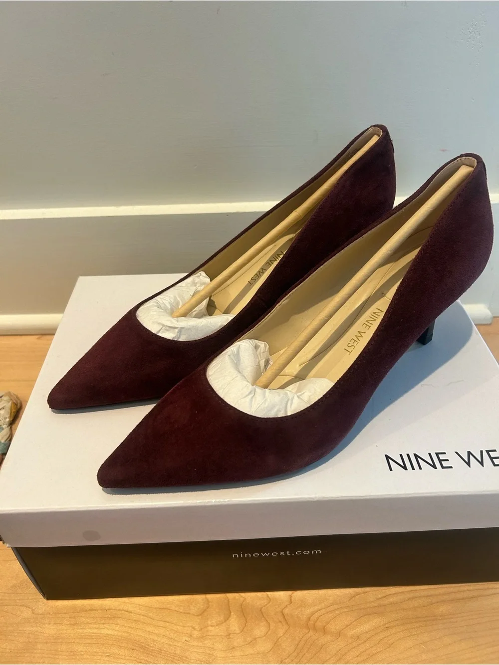 Nine West Burgundy Pointed-Toe Suede Kitten Heels